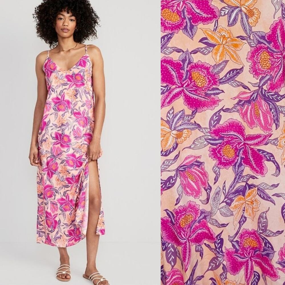 Old Navy Maxi Shift Dress Medium Peach Floral Tie Back Boho Summer Resort Wear